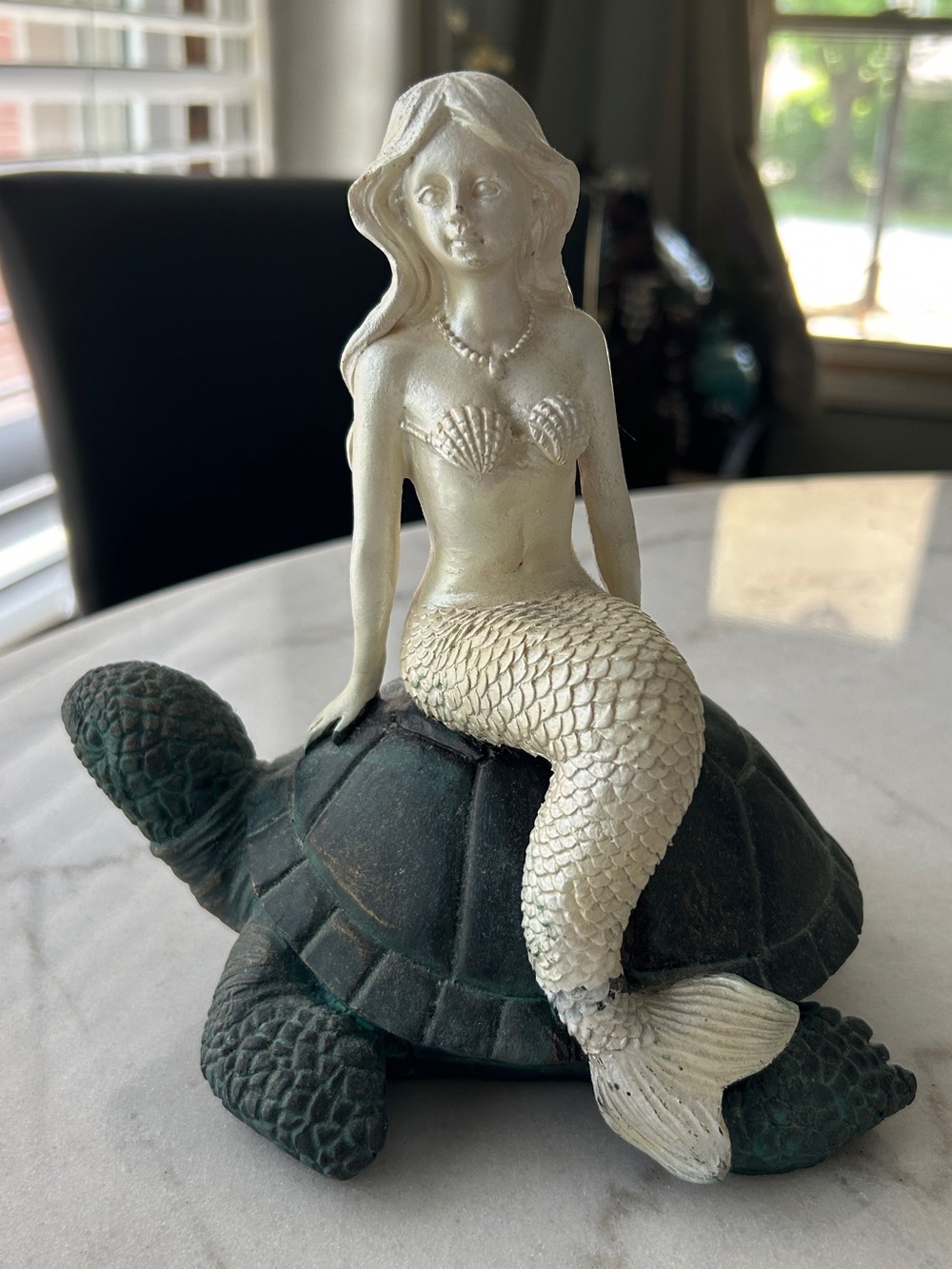 Decorative Cream Mermaid on Green Turtle Figurine - Home Art Accent